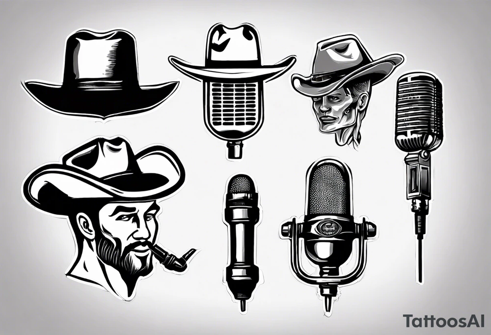 Old school broadcast microphone with cowboy hat on top tattoo idea