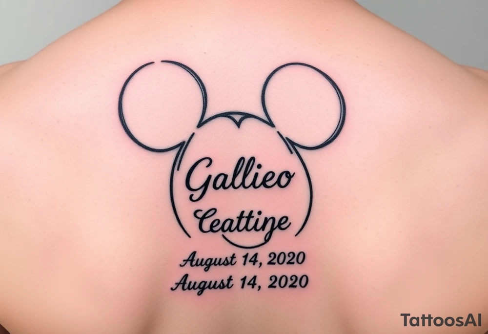 mickey mouse symbol with the name Galileo and the date August 14,2020, incorporated tattoo idea