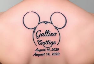 mickey mouse symbol with the name Galileo and the date August 14,2020, incorporated tattoo idea