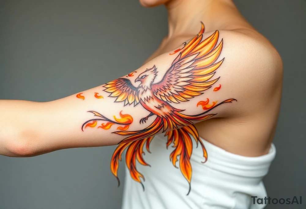 magnificent phoenix rising from golden flames with trailing embers tattoo idea