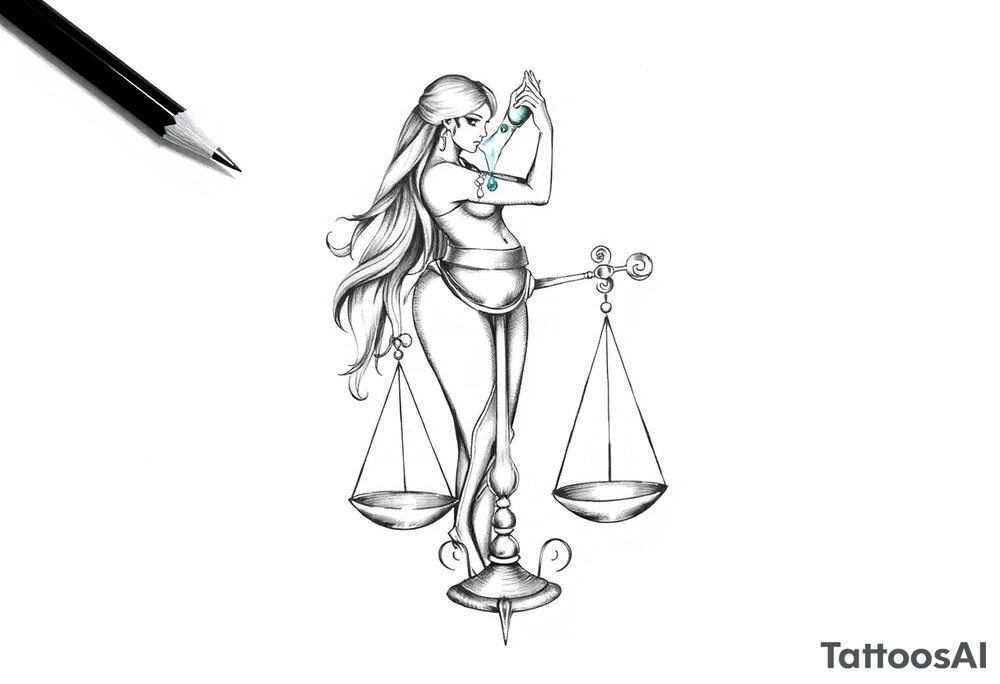 I want a tattoo that combines the Aquarius water bearer and the Libra scales. The water should flow elegantly from the jug, merging into or balancing the scales below. tattoo idea