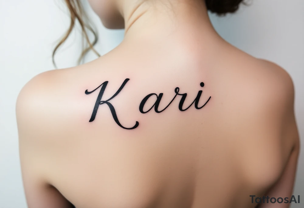 The word “Kari” going up and down directionally on side of face by sideburns tattoo idea