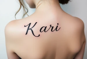 The word “Kari” going up and down directionally on side of face by sideburns tattoo idea