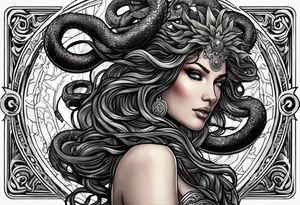 Medusa, before and after she had snakes for hair in the form of tarot cards tattoo idea