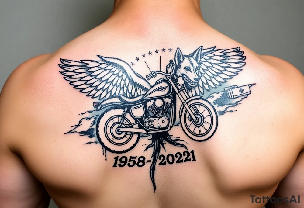 Dale Earnhardt car on it with the year 1958 - 2021 intertwined with a motorcycle on it with guardian angel wolves tattoo idea