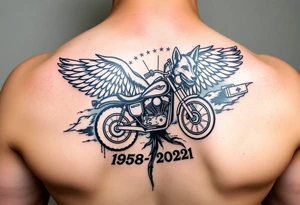 Dale Earnhardt car on it with the year 1958 - 2021 intertwined with a motorcycle on it with guardian angel wolves tattoo idea