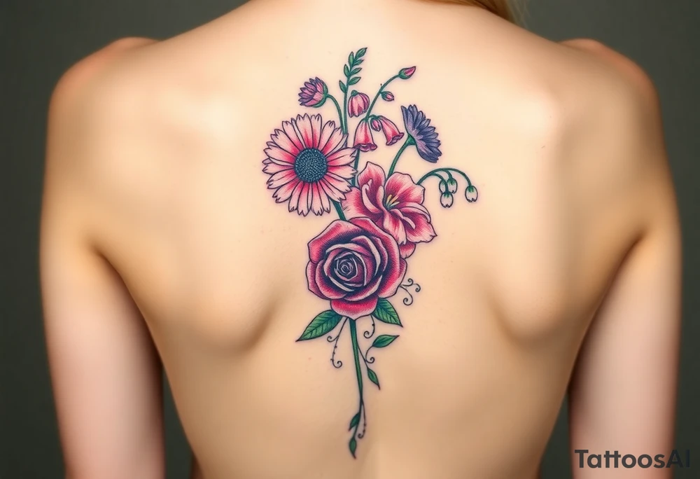 Small Bouquet of flowers starting upper middle back with long stems down spine with a aster, carnation, rose, Lily of the valley, larkspur with stems Starting upper middle back to right shoulder tattoo idea