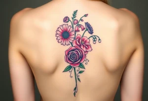 Small Bouquet of flowers starting upper middle back with long stems down spine with a aster, carnation, rose, Lily of the valley, larkspur with stems Starting upper middle back to right shoulder tattoo idea