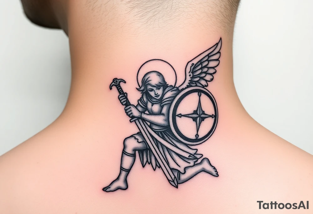 Kneeling warrior angel with a sword and shield tattoo idea