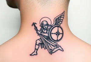 Kneeling warrior angel with a sword and shield tattoo idea