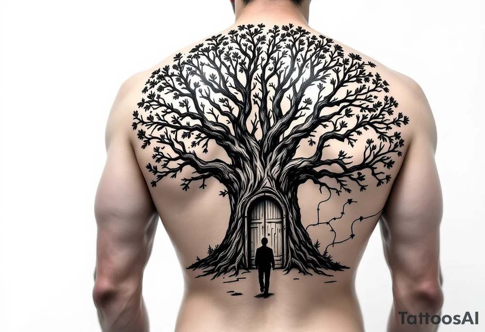 Back tattoo of a big tree with a door and a man walking through the door. On the right side draw lines that look like a treasure map connecting to the tree tattoo idea