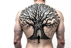 Back tattoo of a big tree with a door and a man walking through the door. On the right side draw lines that look like a treasure map connecting to the tree tattoo idea