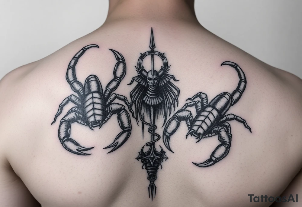powerful majestic scorpions next to the figure of Temis tattoo idea