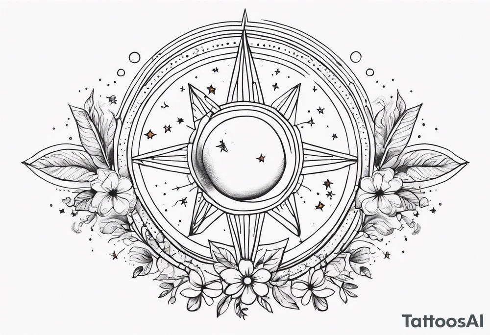fine line with sun, stars, floral, dots. Sternum tattoo tattoo idea