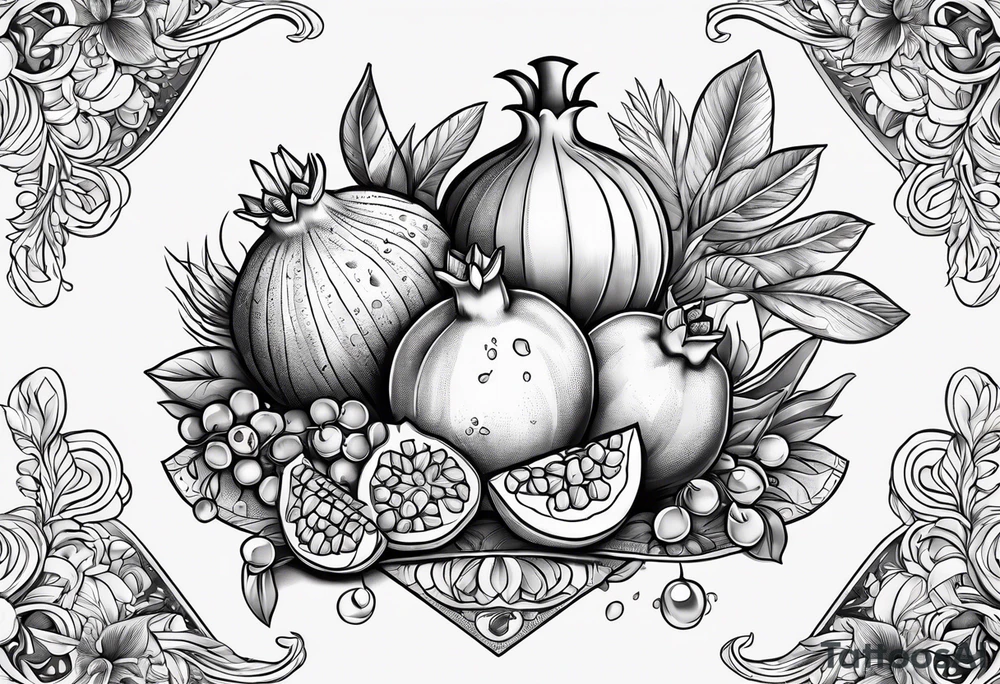 Cornucopia with pomegranate and other fruits and golden coins. tattoo idea