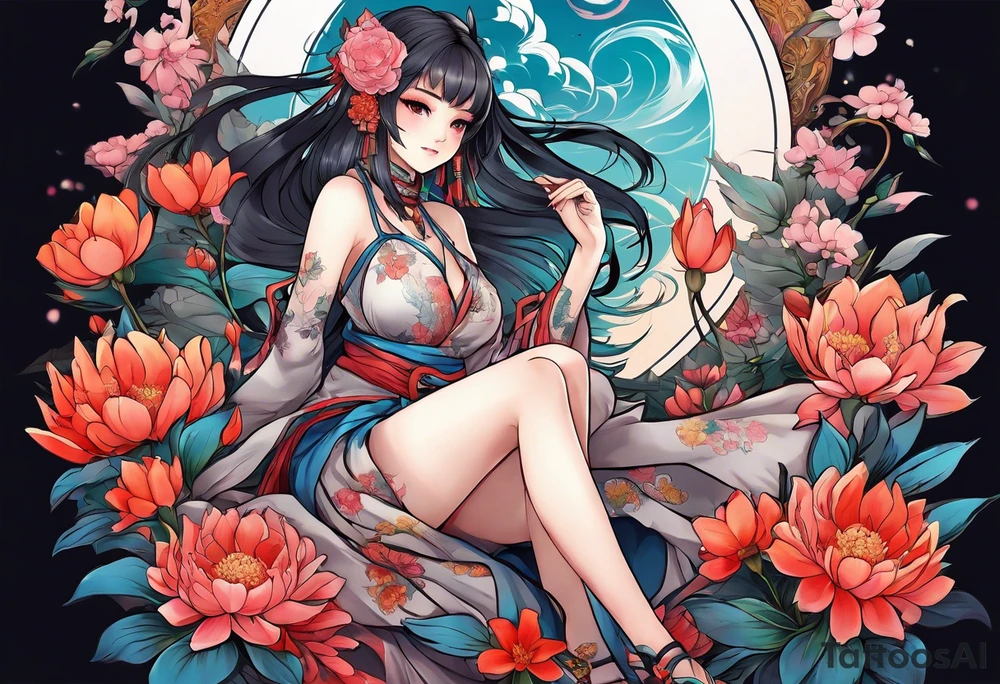 an anime girl sitting sideway on a asian monster surrounded by flowers tattoo idea