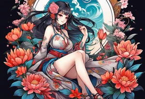 an anime girl sitting sideway on a asian monster surrounded by flowers tattoo idea