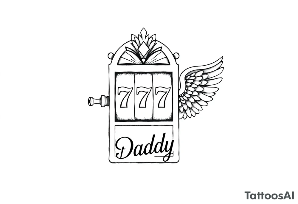 Slot machine with 777 and the word Daddy with angel wings tucked tattoo idea