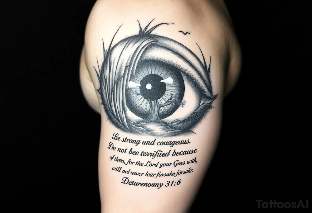 Realistic Eyeball with waterfall flowing out of it and under have a tree and under that have the verse Be strong and courageous. Do not be afraid or terrified
because of them, for the Lord your God goes with you; he will never leave you nor forsake you." Deuteronomy 31:6 tattoo idea