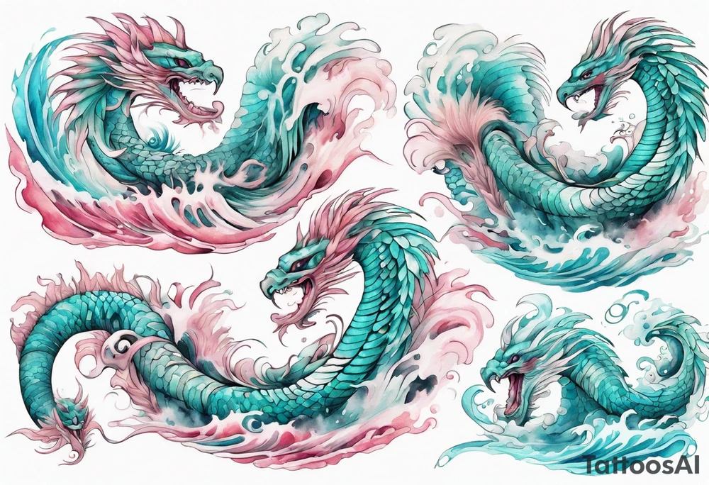 a beautiful turquoise pink and white sea  feathered serpent rising from the waves of the ocean tattoo idea