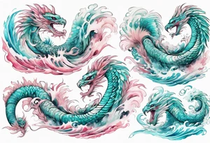 a beautiful turquoise pink and white sea  feathered serpent rising from the waves of the ocean tattoo idea