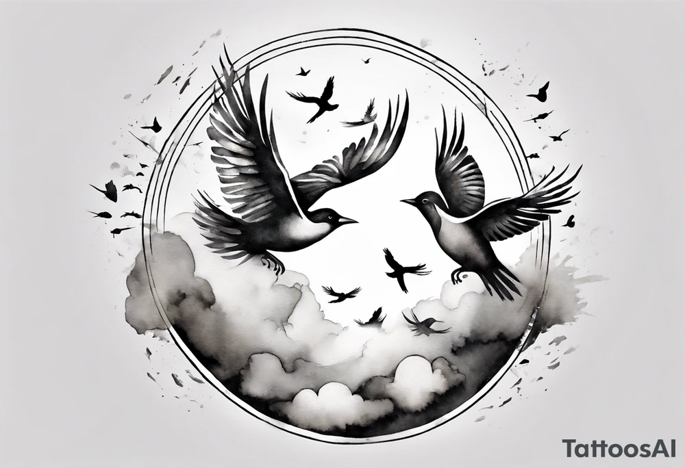 shoulder tattoo with light rays with birds flying free among the clouds, round shape, 3d effect tattoo idea