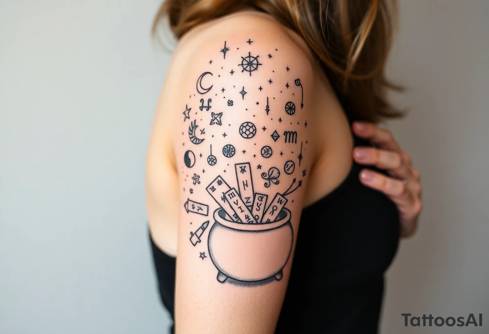 Milky way filled with zodiac symbols runes tarot cards coming out of a cauldron tattoo idea