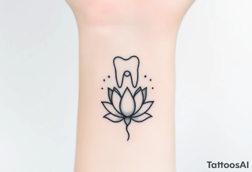 Small molar tooth outlined in thin black lines, floating above an open lotus flower with a crescent moon rising behind it and faint stardust around.” tattoo idea