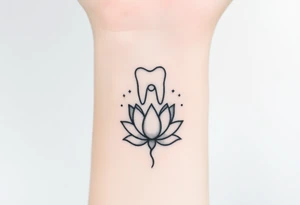 Small molar tooth outlined in thin black lines, floating above an open lotus flower with a crescent moon rising behind it and faint stardust around.” tattoo idea