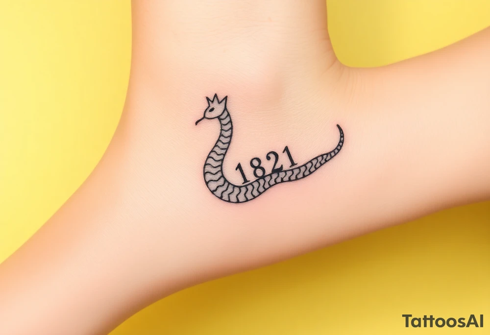 I want a small simple silhouette lines black and white wrist princess like girl snake tattoo that has number 12821 on its body along and also I want it to represent feminine energy crown queen Cycle tattoo idea
