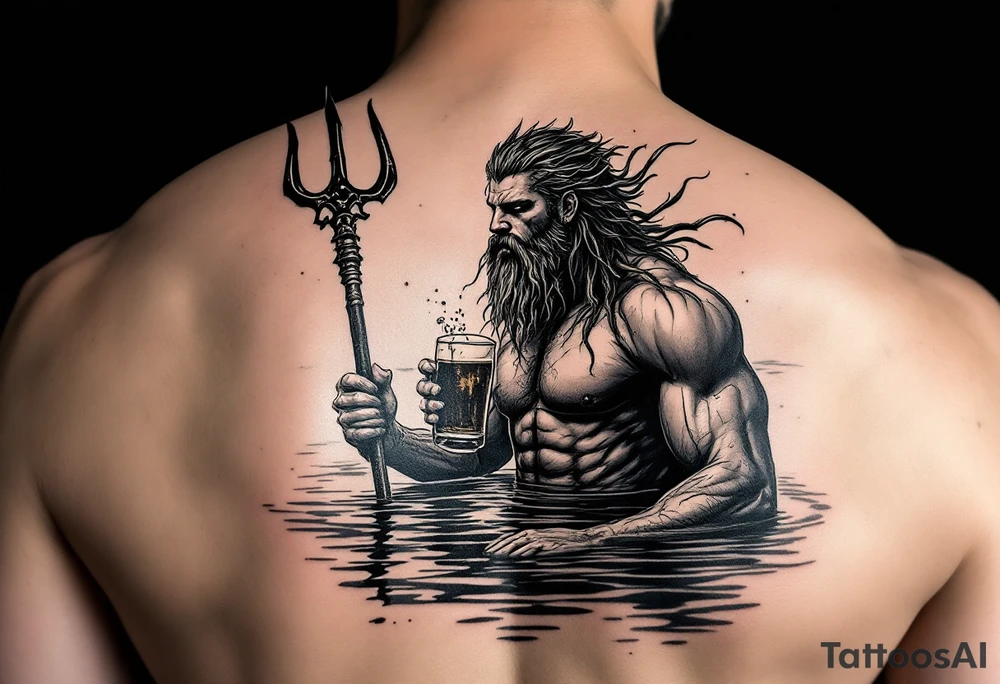 young, fit poseidon in calm water, holding a trident, drinking a beer, with foot on his bicep tattoo idea