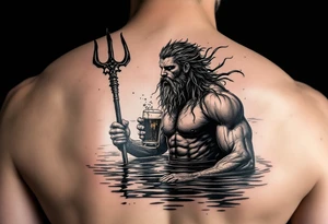 young, fit poseidon in calm water, holding a trident, drinking a beer, with foot on his bicep tattoo idea