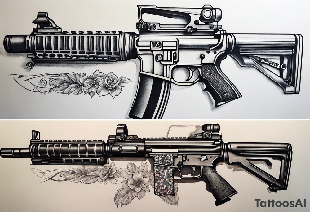 A forearm tattoo that includes an M4 Carbine rifle, a Beretta M9 pistol tattoo idea