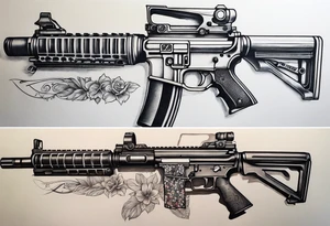 A forearm tattoo that includes an M4 Carbine rifle, a Beretta M9 pistol tattoo idea