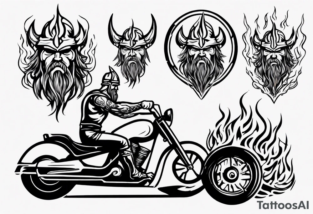 A viking riding a motorcycle with flames tattoo idea