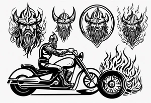 A viking riding a motorcycle with flames tattoo idea