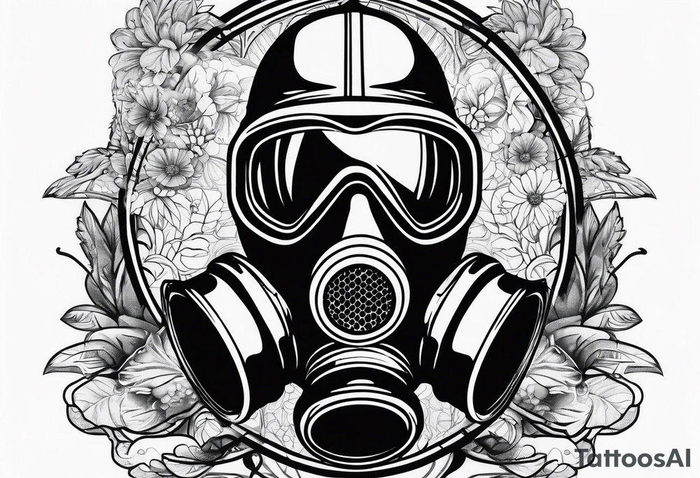 Gas mask with smoke coming out of it and scenes in the lenses tattoo idea
