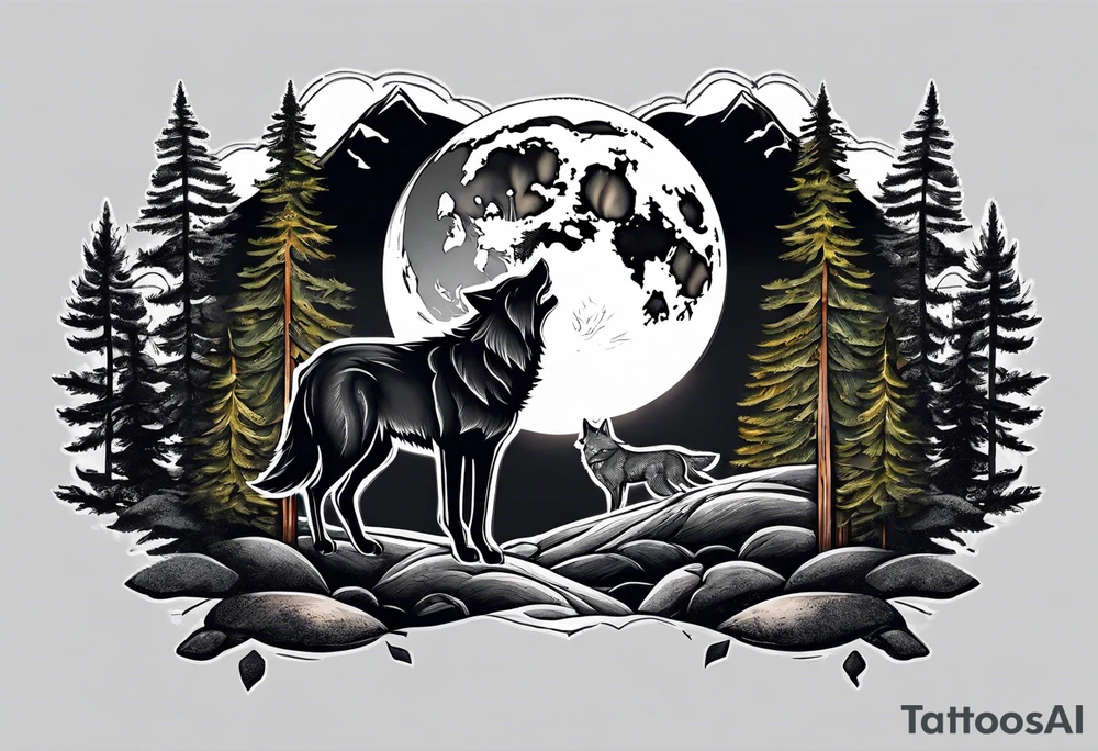 Half sleeve
Two wolves
Dark woods
Mountain peaks
Moon
Path tattoo idea