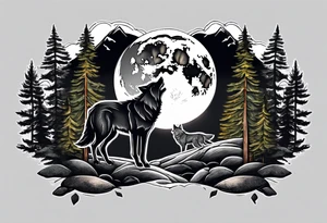 Half sleeve
Two wolves
Dark woods
Mountain peaks
Moon
Path tattoo idea