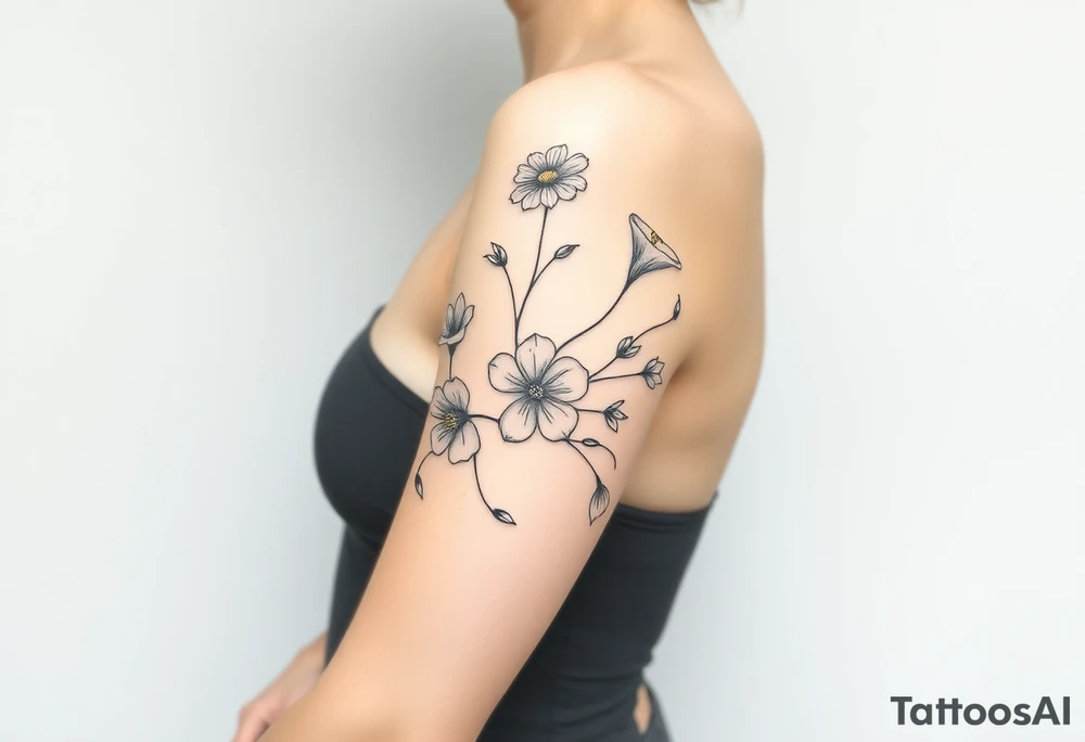 This tattoo is on a woman. It is a line of flowers connected by a single stem. It starts on her left pectoral with a Glaiolus and Daisy together, then the tatoo rises over the left shoulder and down the arm and ends at the elbow. The tattoo will include a primrose, Calla Lily, and a Lilly. It will be light on color except in the petals and has light shading to make it pop. tattoo idea