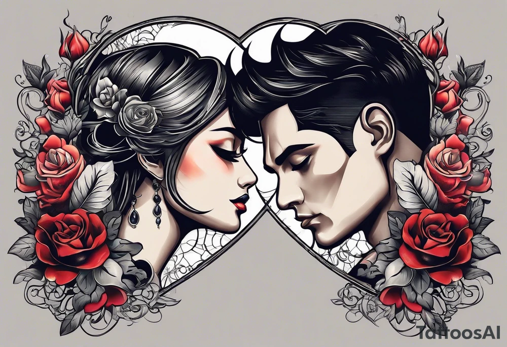 In thiele sfumato. A girl with an empty heart and a guy with a burning heart. They stand back to back tattoo idea