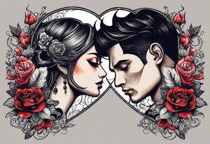 In thiele sfumato. A girl with an empty heart and a guy with a burning heart. They stand back to back tattoo idea