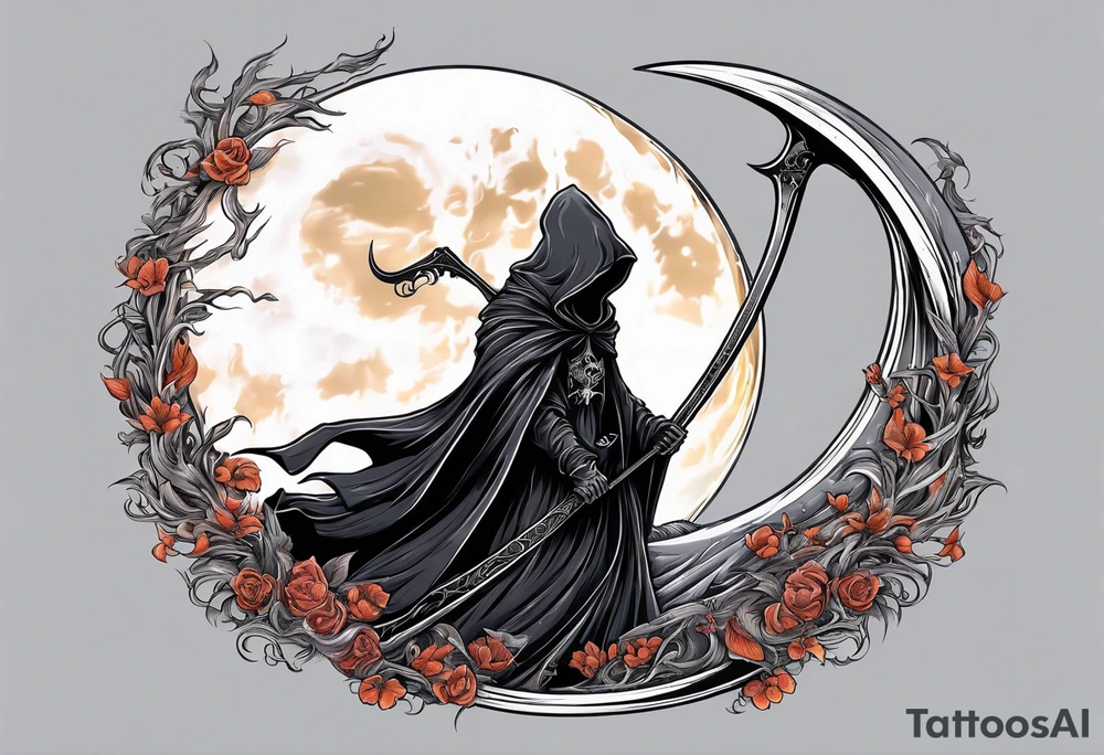 Grim reaper and scythe with moon behind cloak wind blown tattoo idea