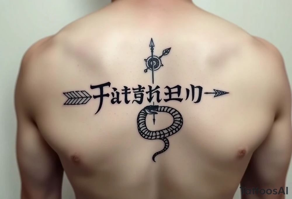 japanese text on chest with arrow and snake tattoo idea