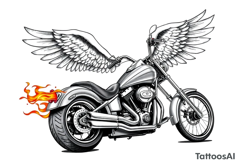 Low rider grey motorcycle, big muffler pipes with flames, angel wings, driving away, no person tattoo idea