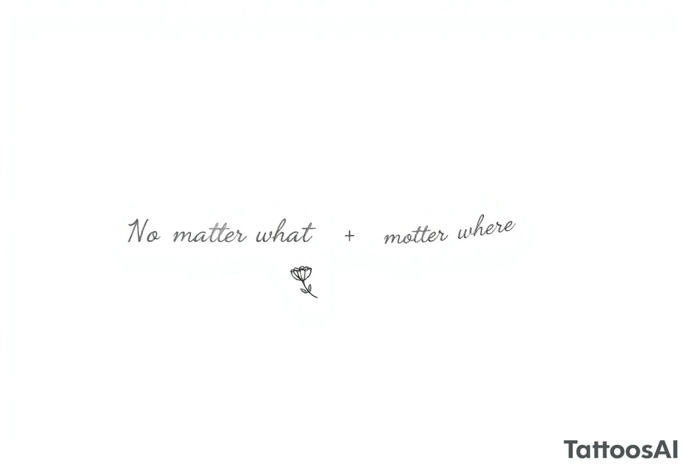 A delicate cursive tattoo with the quote ‘No matter what’ (for one person) and ‘No matter where’ (for the other), placed along the collarbone. At the end of each quote, incorporate a soft, feminine flower design — such as a small lotus, daisy, or wildflower — that flows naturally from the end of the text, as if the flower is part of the lettering or subtly blooming from the last word.

Design should feel light, elegant, and symbolic of connection and unconditional love between mother and daughter. Style should be fine line or single-needle, black ink only, minimalistic and graceful. tattoo idea