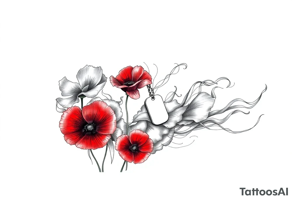 army inspired loss of friends, 2 red poppy’s, and smoke with dog tags in a field of fire tattoo idea