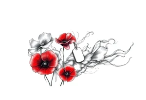 army inspired loss of friends, 2 red poppy’s, and smoke with dog tags in a field of fire tattoo idea