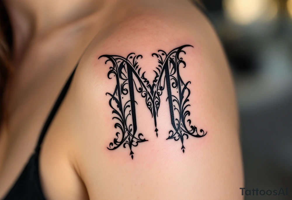 A bold blackletter-style "M" in deep onyx black with sharp gothic edges. tattoo idea