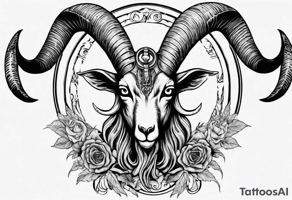 Baphomet full sleeve high contrast human like goat friendly but strong no flowers tattoo idea